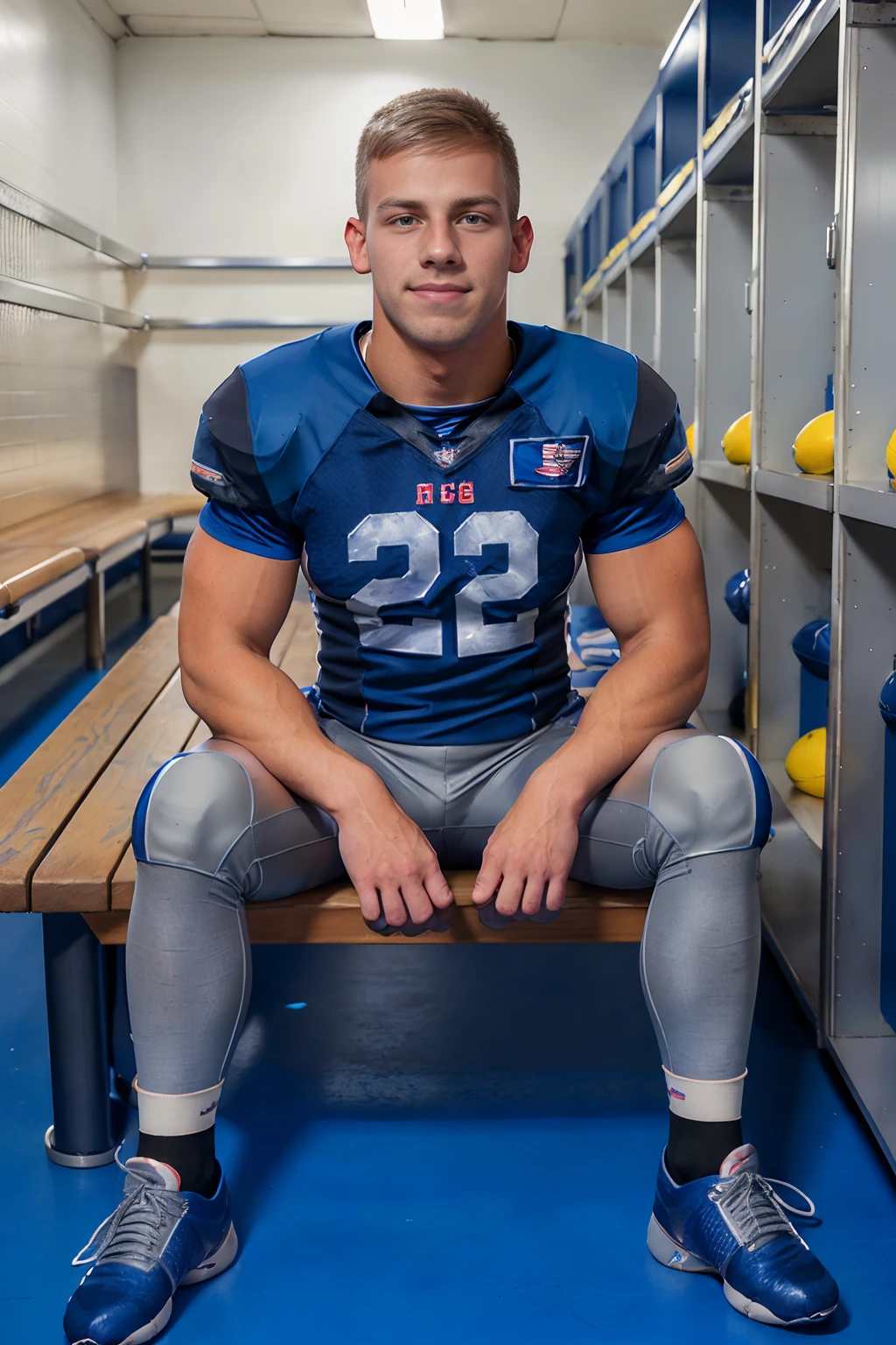 locker room, sitting on a bench, in front of lockers, slightly smiling, BradleyCook is an (American football player), wearing (football uniform:1.3), (blue jersey:1.3), blue (shoulder pads), jersey number 23, (pale silver football pants:1.4), (blue socks:1.3), long socks, (black sneakers:1.3), (((full body portrait))), wide angle  <lora:BradleyCook:0.8>