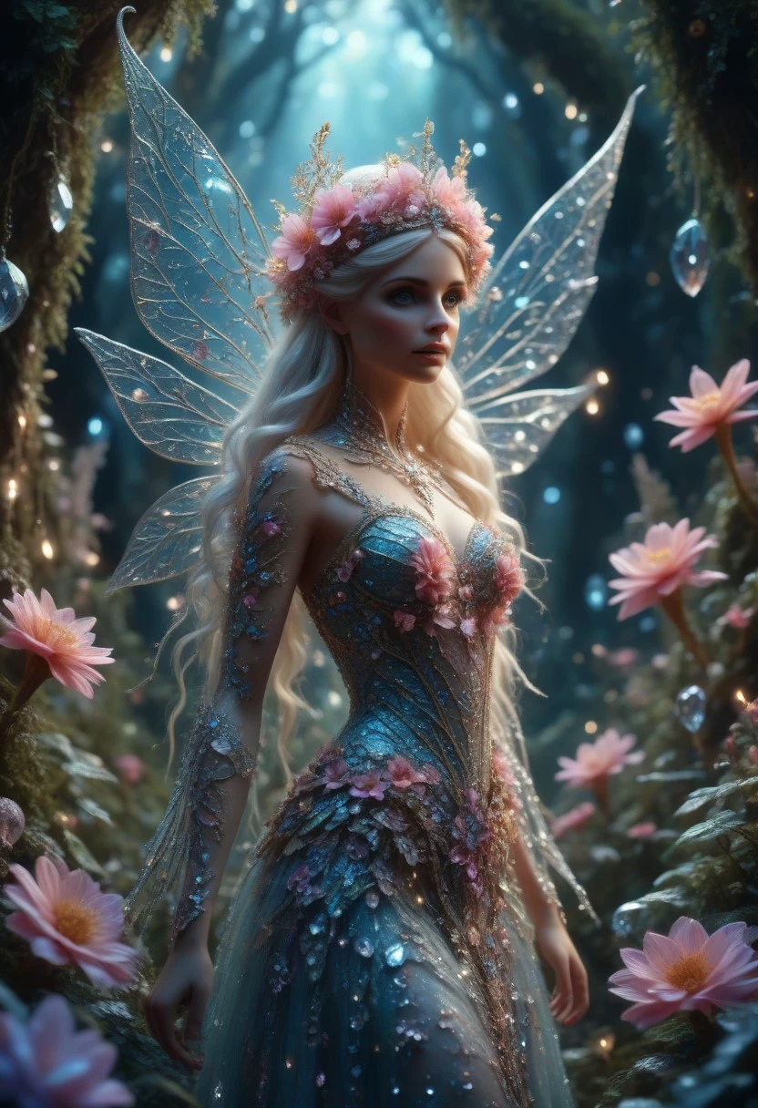 Flower and Crystal Ornaments, a beautiful fairy in an enchanted forest, intricate details, realistic, ultra sharp, 8k, cinematic  film still,