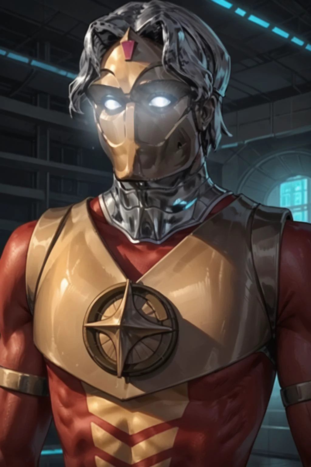 score_9, score_8_up, score_7_up, masterpiece, ((rating_safe)), high quality, highres RAW photo, ((upper body))
solo, captaincursorreboot, male focus, helmet, mask, glowing eyes, white eyes, no pupils, chrome metal, metal chrome hair, superhero, <lora:CaptainCursorReBoot_Pony-000008:0.75>
(muscular, athletic, slender, fit), (dynamic angle)
((futuristic science fiction)), indoors, in a science fiction facility, dynamic lighting