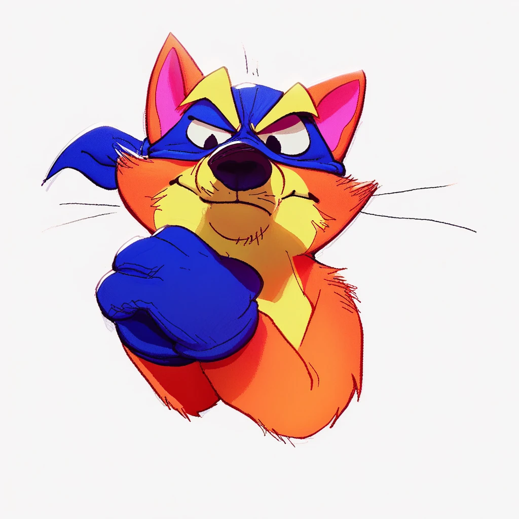 score_9, score_8_up, score_8, furry, Swiper, fox, blue bandana, blue gloves, cartoon style, 2d, male, solo, upper body focus, headshot, rubbing hands together, grinning, mischievous expression, plain white background