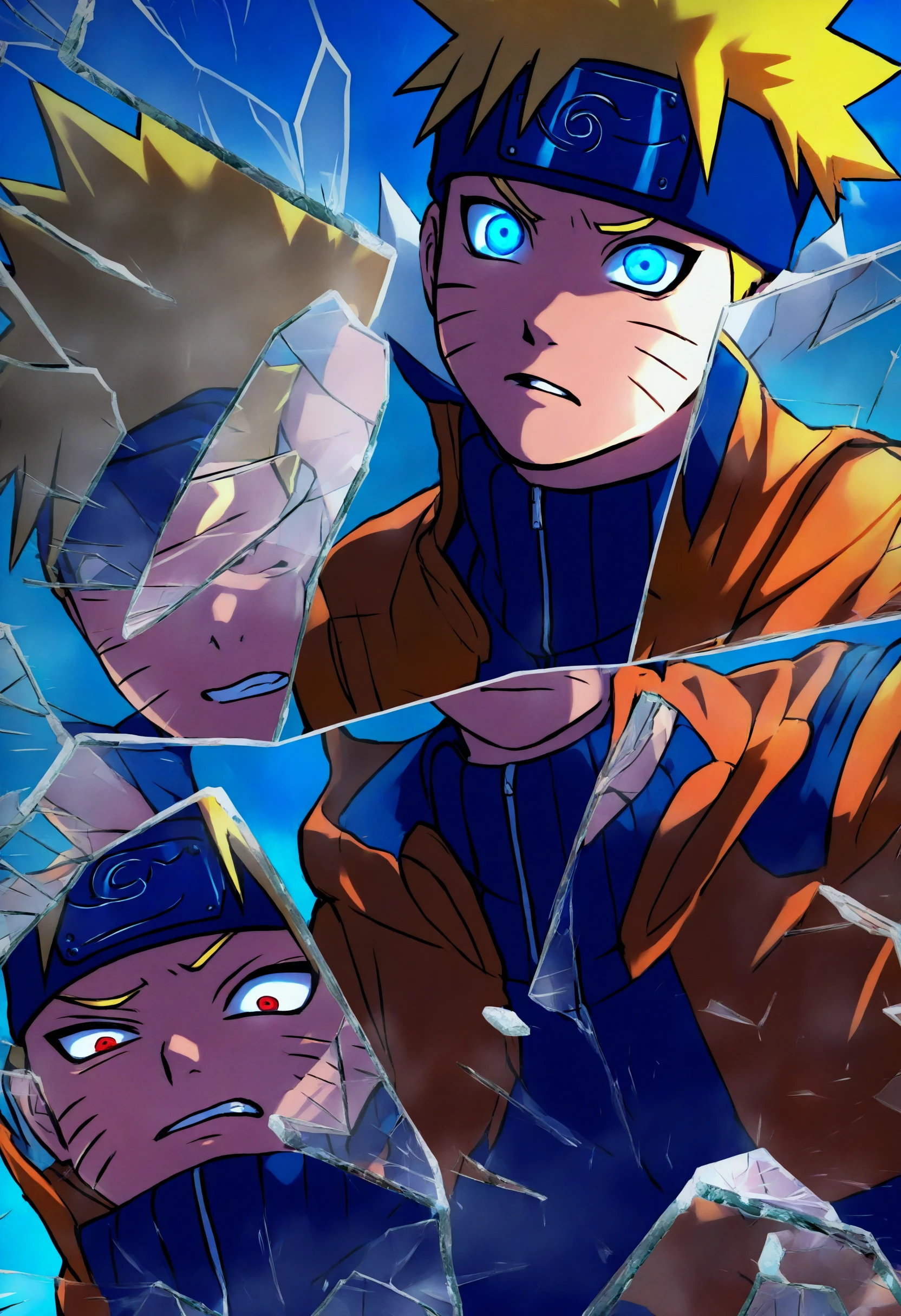 masterpiece, best quality, 1boy, glass shards, (reflection:1.2), broken glass, <lora:BrokenGlass_illusXL_Incrs_v1:1>, upper body, uzumaki naruto, red eyes in reflection, angry, blue eyes,