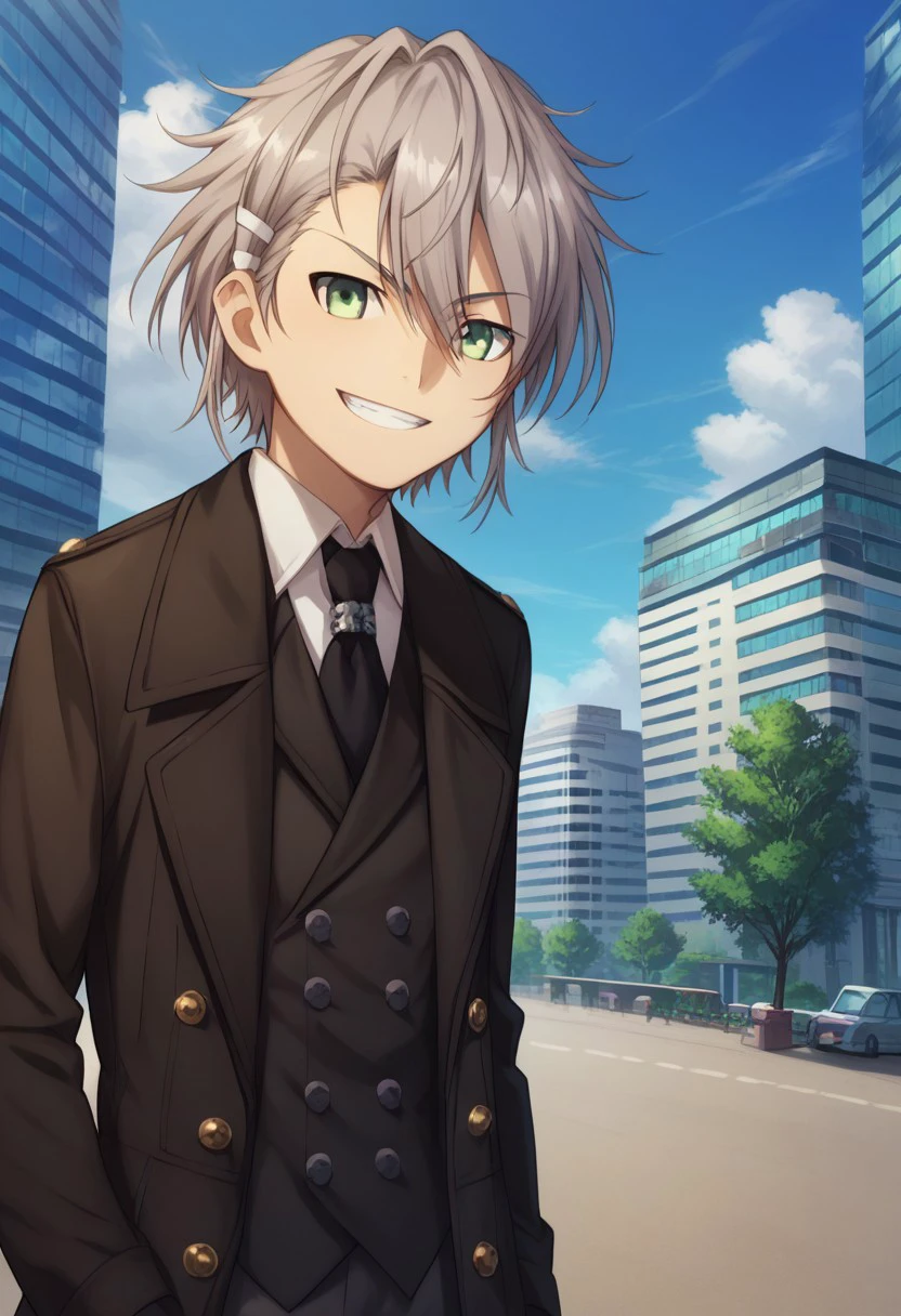 score_9, score_8_up, score_7_up, source_anime, highly detailed, 
sukuna, 1boy, male focus, solo, grey hair, hair between eyes, hair ornament, green eyes, shirt, collared shirt, white shirt, necktie, vest, jacket, long sleeves, grin
outdoor, sky, clouds, buildings