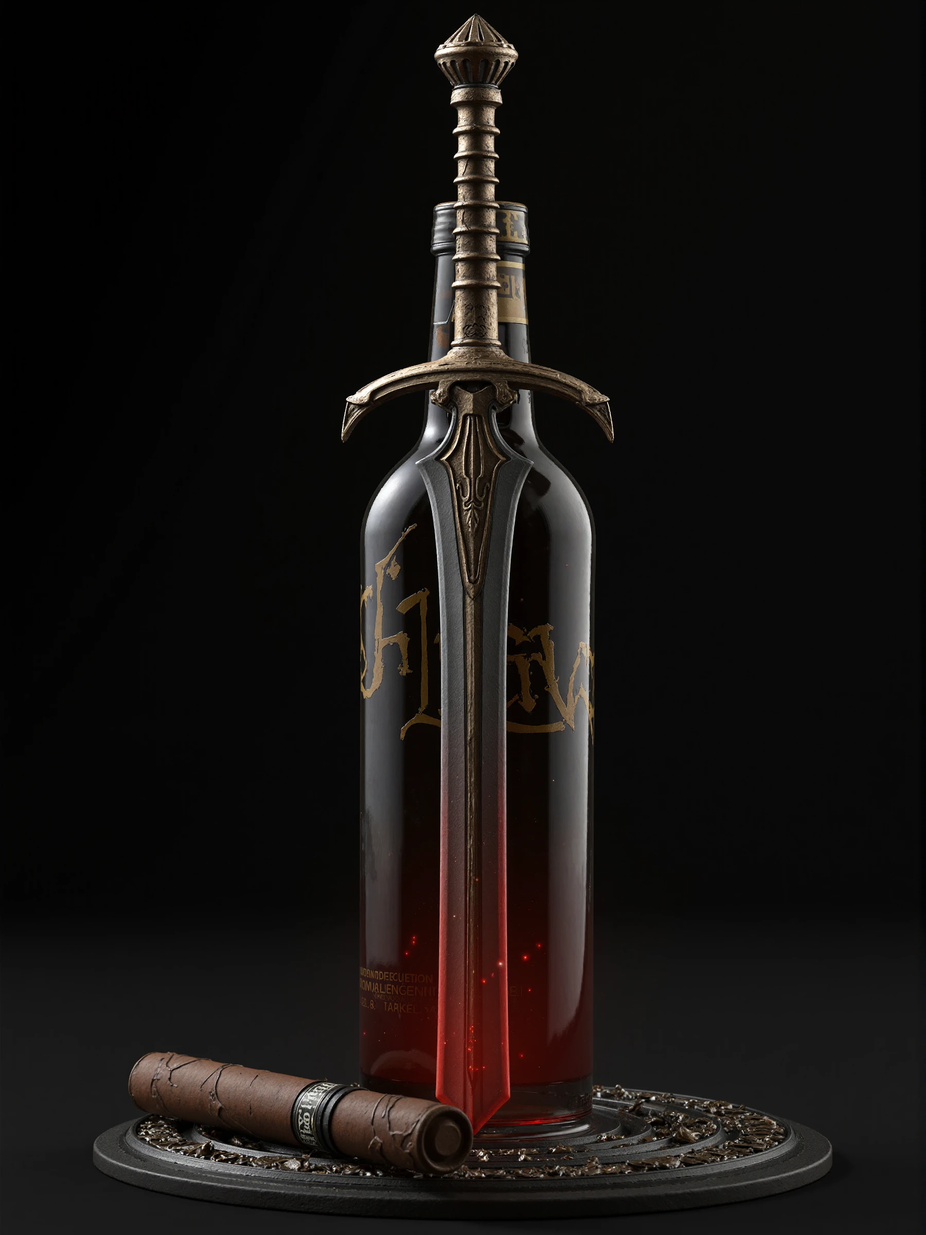 Archangel-bylaushine,highly detailed 3D artwork of a wine bottle like a intricate sword,with soft glowing lights covering and a cigar beside the bottle