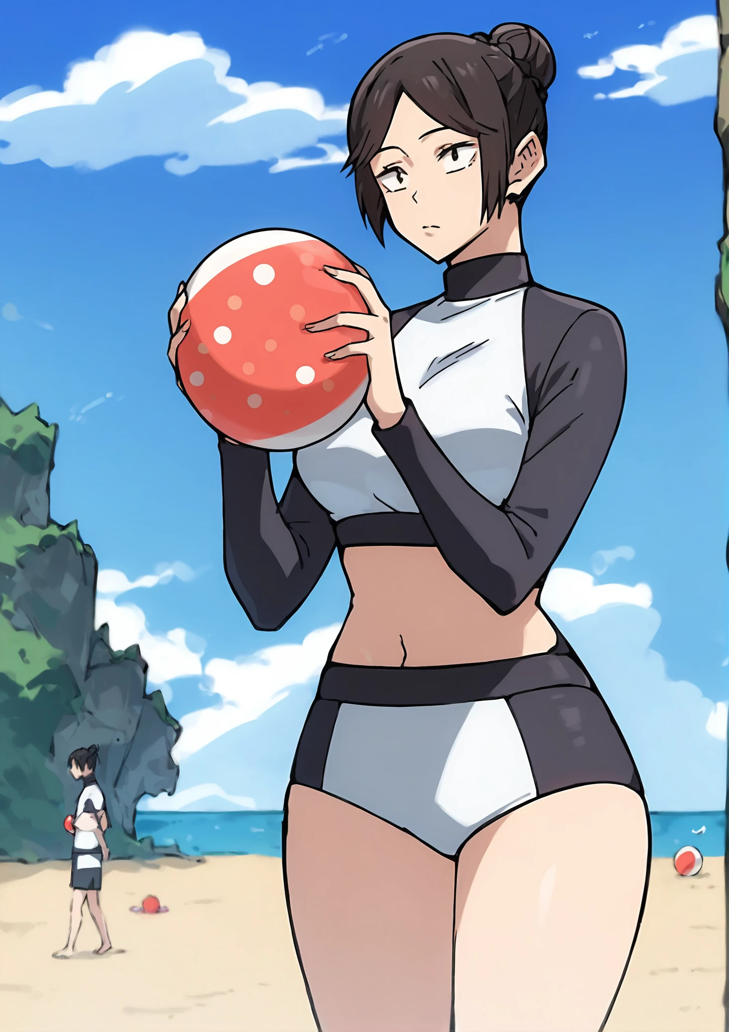 core_9, score_8_up, score_7_up, score_6_up, score_5_up, score_4_up,  <lora:Misato_Kuroi_-_Jujutsu_Kaisen:1>, misatokuroi, 1girl, short hair, bangs, black hair, holding, swimsuit, bikini, outdoors, sky, shorts, solo focus, day, cloud, hair bun, blue sky, single hair bun, ball, beachball, swimwear, holding ball, thick thighs, wide hips, curvy, BREAK source_anime