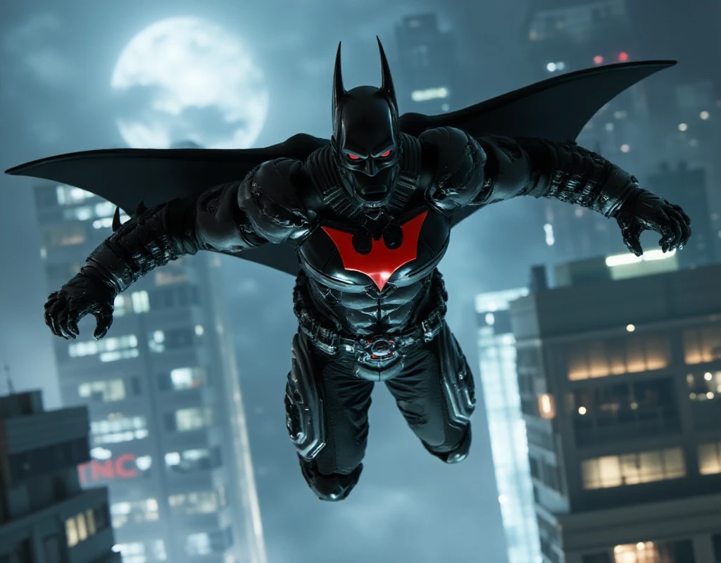 Batman_Beyond_Suit  is flying with a cape falling from a building  <lora:Batman_Beyond_Suit:0.9>