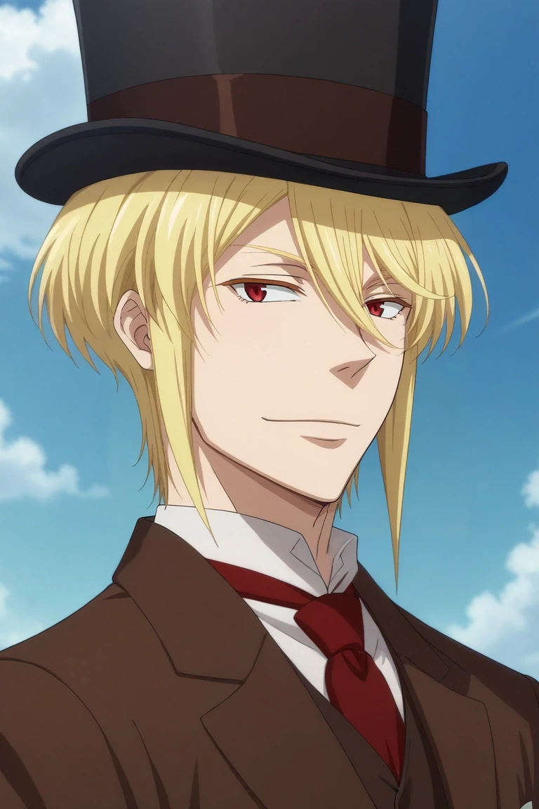 score_9, score_8_up, score_7_up, source_anime, rating_safe, intricate details, anime screencap, anime coloring, official style, , , 1boy, solo, male focus, <lora:william_james_moriarty_pony:0.94>, william_james_moriarty, blonde hair, red eyes, short hair, hair between eyes, top hat, , from afar, full body, skytree, day, clouds, spread legs, smirk, businessman costume, <lora:sdxl_lightning_8step_lora:1>