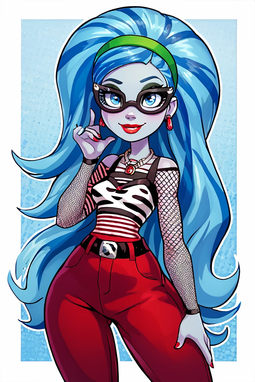 score_9, score_8_up, score_8, medium breasts, (curvy), cute, eyelashes,       BREAK, , zzGhoulia, long hair, blue hair, glasses, colored skin, blue eyes, very long hair,  jewelry, hairband, earrings, makeup, lipstick, striped, necklace, red pants, fishnets,  <lora:Ghoulia_MH_PDXL:0.8>,  , BREAK, smile, looking at viewer, ,,, abstract background, white outline, cowboy shot, ,,, embedding:zPDXL, Expressiveh, ,,, <lora:theOtherHalfPDXL:0.8>, <lora:CatalystStylePDXL:0.6>, <lora:SDXLFaeTastic2400:0.5>, <lora:Expressive_H-000001:0.4>,