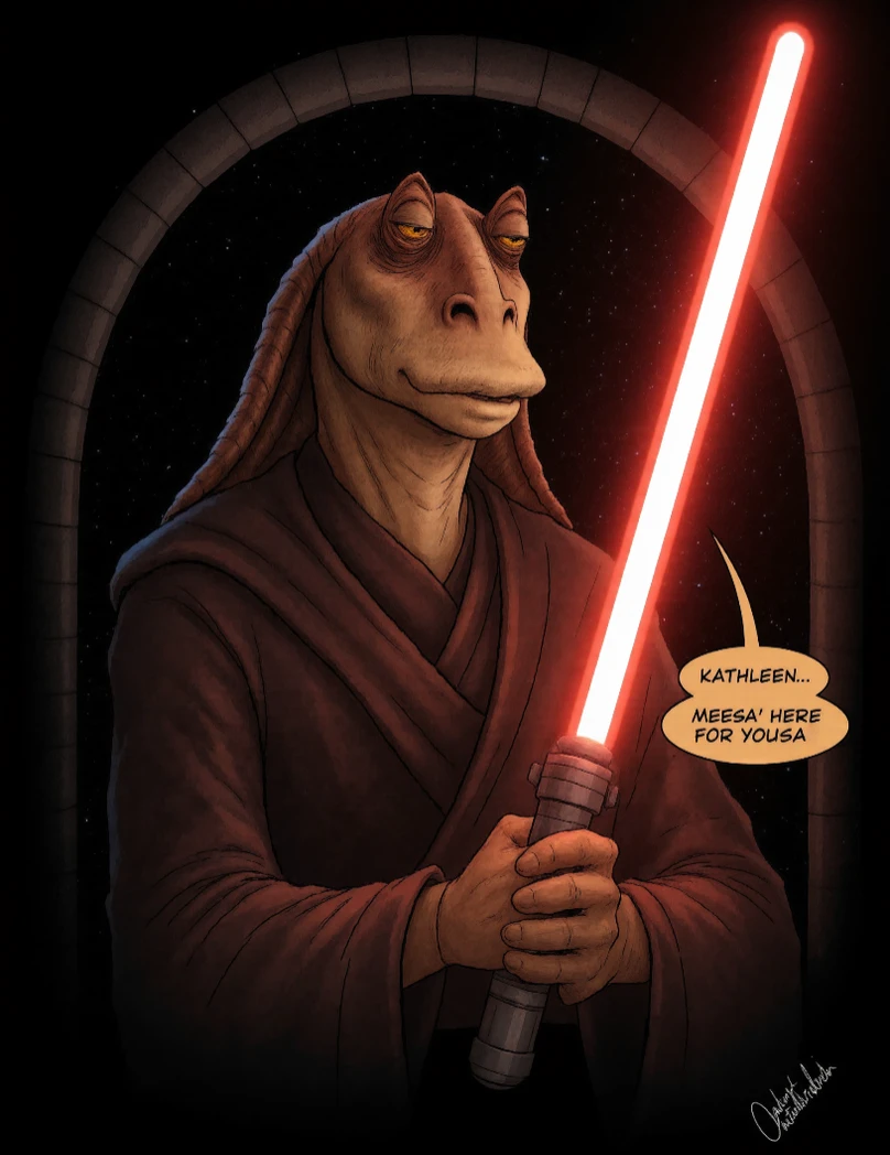 This is an extract from a comic book following the adventures of ((Darth_Jar)), a powerful Gungan Sith lord in the Star Wars Universe. The darkness around him partially obscures him; the only light source is his red lightsaber, which he wields in one hand. He looks slightly annoyed, his mouth closed. There is one (comic balloon on his right) saying (("Kathleen... Meesa' is here for yousa")). <lora:Darth_Jar_Flux:1>, <lora:TextimproverV0.4:0.5>,