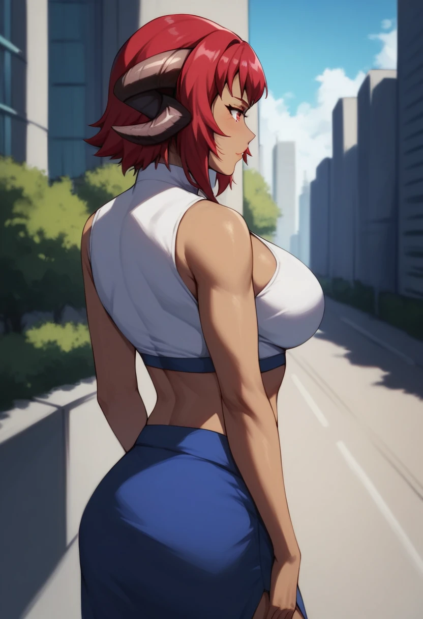 score_9, score_8_up, score_7_up, score_6_up, score_5_up, score_4_up, 1girl, solo, artstyle_tanabe, red hair, red eyes, dark skin, goat horns, standing, large breasts, crop top, blue skirt, high heels, outdoors, city, day, sunny, <lora:Amila_-_The_Wrong_Way_To_Use_Healing_Magic_PONY_XL-000004 (1):0.8>