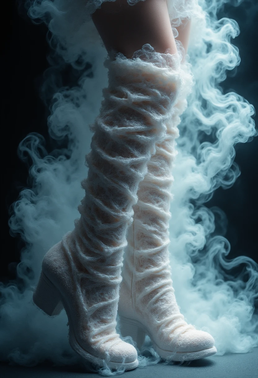 create an full body image of a woman wearing boots made of smoke cloth, clothes focus.