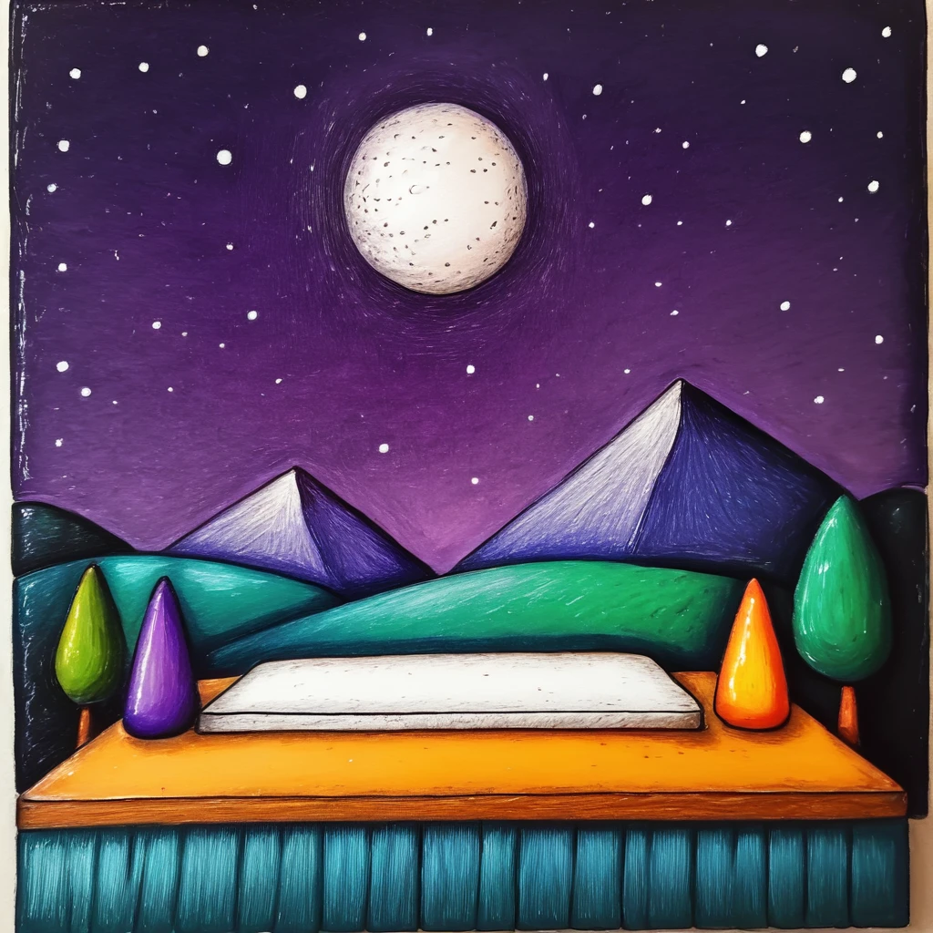 Score_9, score_8_up, score_7_up,   <lora:Naive_Storybook_NouveauPony:1.2> ArsMJStyle, Naive Storybook Nouveau, The image shows a painting of a night sky with a full moon stars and mountains in the background. The painting is on a board and is an acrylic painting measuring 8 x 8 inches created by artist Laura D., no humans, moon, star (sky), sky, night, outdoors, night sky, full moon, starry sky, traditional media