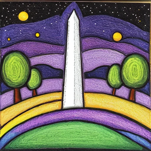 <lora:Naive_Storybook_Nouveau:1> ArsMJStyle, Naive Storybook Nouveau, The image shows a painting of the Washington Monument in Washington DC surrounded by trees and hills with a starry night sky in the background., no humans, star (sky), tree, traditional media, rainbow, sky, sword, weapon, starry sky, space