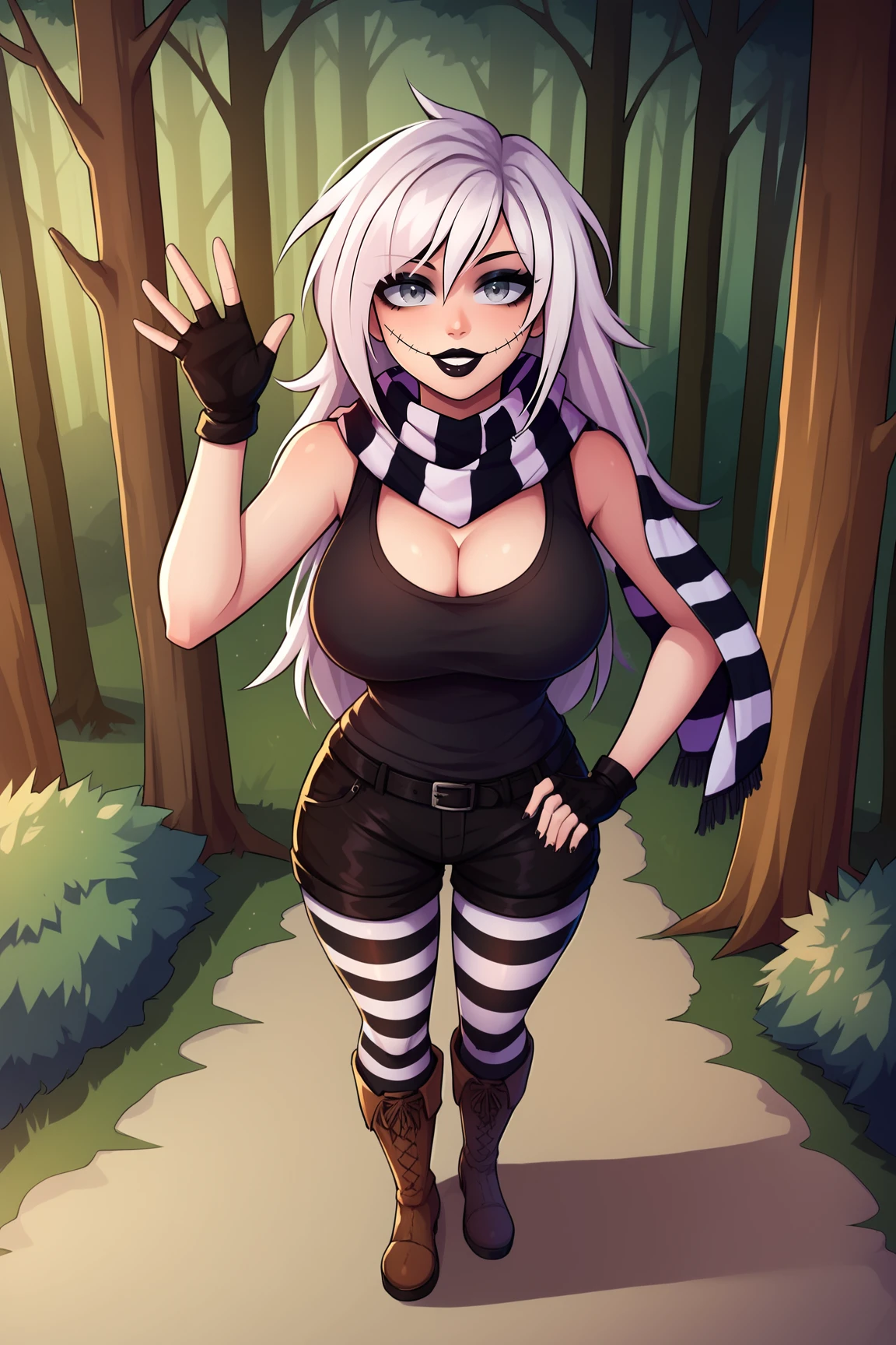 score_9, score_8_up, score_7_up, score_6_up, BREAK, ZeroCYPAXLv2, white skin, colored skin, black lips, stitches on mouth, grey eyes, black eyeshadow, white hair, long hair, hair between eyes, large breasts, white scarf, striped scarf, cleavage, black tank top, black gloves, fingerless gloves, black belt, black shorts, striped pantyhose, brown boots, solo, standing, waving, seductive smile, looking at viewer, forest  <lora:ZeroCYPAXLv2:1>