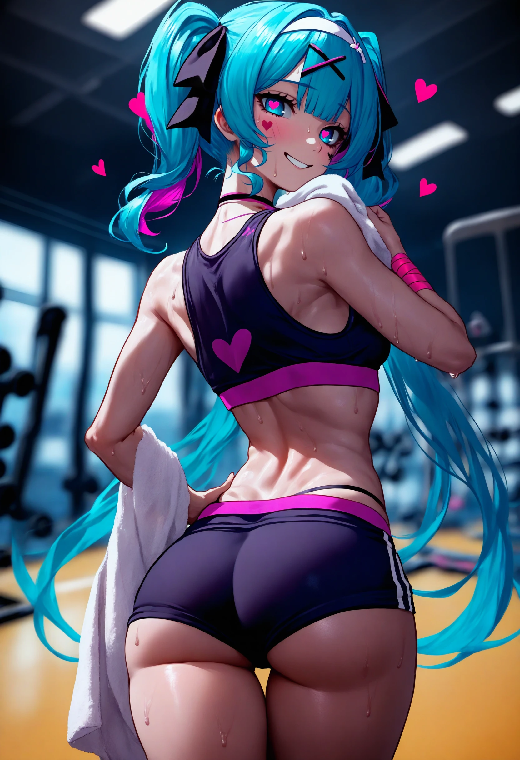 masterpiece, best quality, 1girl, hatsune miku, rabbit hole (vocaloid), smile, facial mark, twintails, x hair ornament, hair ribbon, heart-shaped pupils, toned, sport bra, micro shorts, thighs, thigh gap, ass, sweat, gym, blurry background, twisted torso, hand up, hips, hand on own hip, holding towel