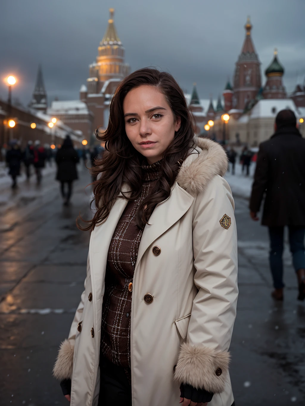 <lora:PCF_SarahKnafo_v2:1>, a woman wearing full winter outfit and brown pants and a fur coat, in front of the kremlin, with a severe look, looking at viewer, snowstorm, evening, low light