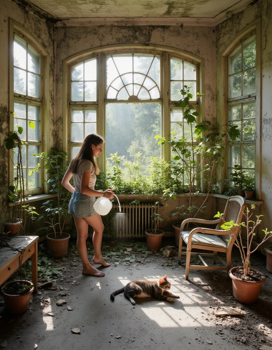 A sunroom with large windows, a person watering plants while a cat naps in a sunbeam on the floor., <lora:urban_decay_v20_rank64_bf16-step02016:1>, urban_decay_rooms