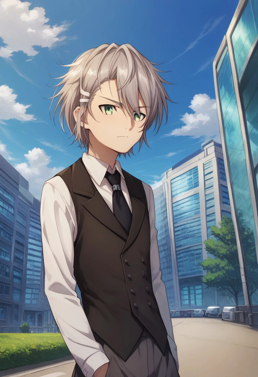 score_9, score_8_up, score_7_up, source_anime, highly detailed, 
sukuna, 1boy, male focus, solo, grey hair, hair between eyes, hair ornament, green eyes, shirt, collared shirt, white shirt, necktie, vest,
outdoor, sky, clouds, buildings