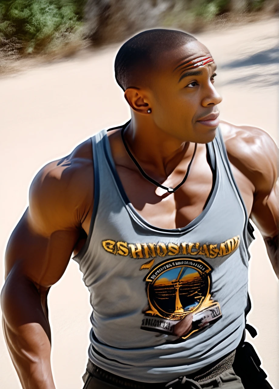 A young black man, he is in an orange room, he has a microphone in front of him, he has a large silver oak tree around his neck, il a un débardeur blanc il a un pantalon djin de couleur gris il a une ceinture en argent il est grand de taille il est musclé il a une peau une peu clair il est devant un micro
