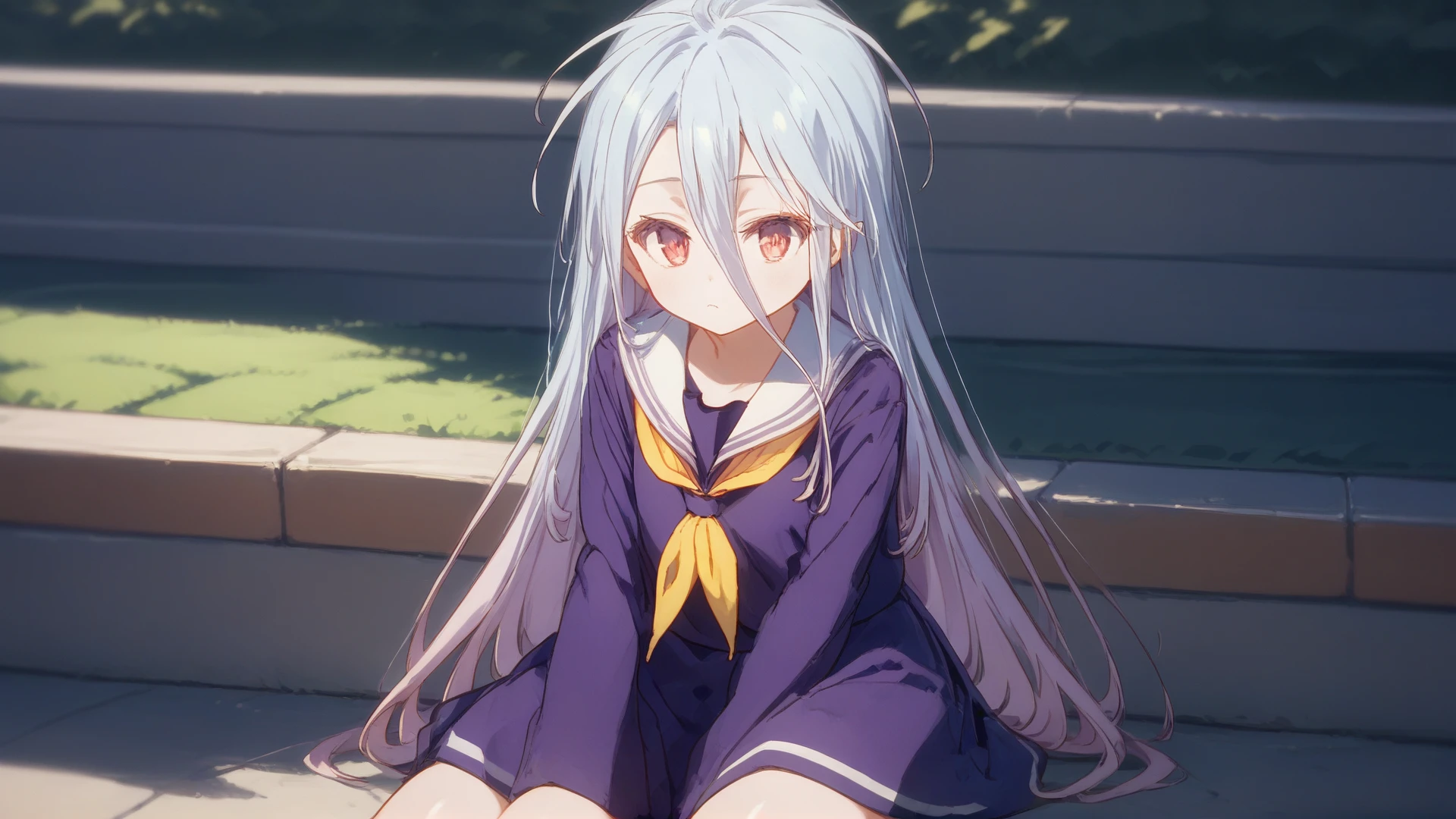 (score_9, score_8_up, score_7_up, score_6_up, score_5_up, score_4_up), 1girl, solo, shiro, yellow neckerchief, school uniform, serafuku, outside, sitting, perfect proportions<lora:Shiro:1>