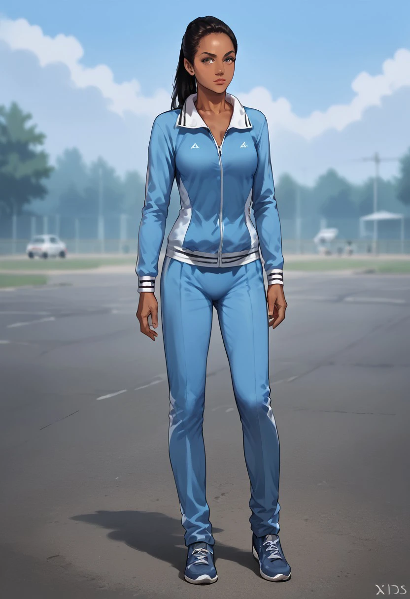 score_9, score_8_up, score_7_up, score_6_up, source_realistic, BREAK 1girl, solo, vanessa, black hair, ponytail, very dark skin, dark skinned female, track jacket, track pants, sneakers,