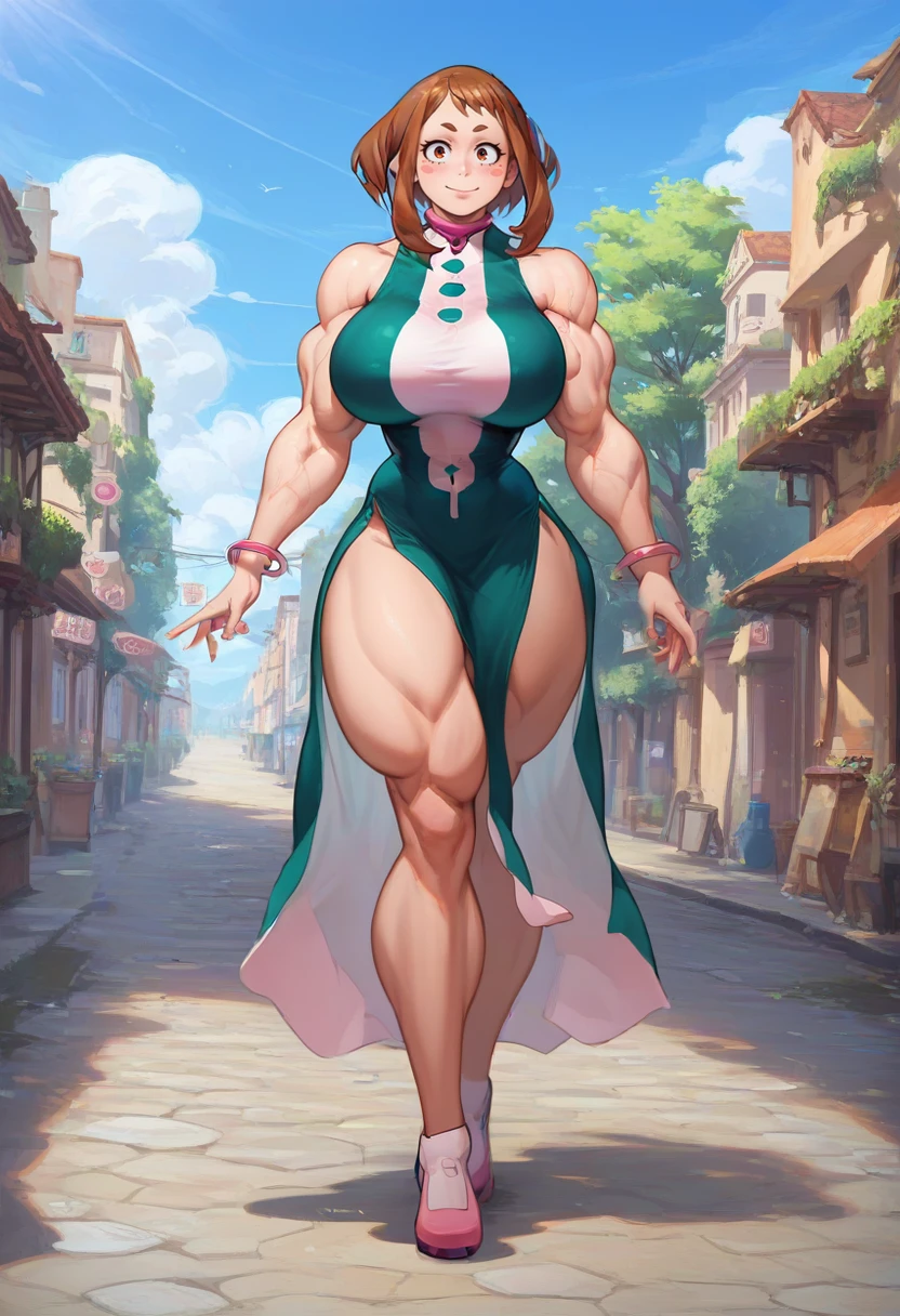 score_9,score_8,score_7,source_anime,zPDXL2,zPDXLxxx,looking at viewer,facing viewer,full body,solo,what a mass!,muscular female,futanari,hyper muscles,gigantic breasts,thick thigs,wide hips,<lora:ochako-uraraka-ponyxl-lora-nochekaiser>,ochako uraraka,<lora:What_a_Mass-000008:0.8>,brown hair,uraraka ochako,blush stickers,brown eyes,(solid green dress:1.5),(sleeveless dress:1.5),jewelry,elbow gloves,green gloves,side slit,(long hair:1.5) BREAK <lora:Test:0.5>,detailed background,city,modern city,