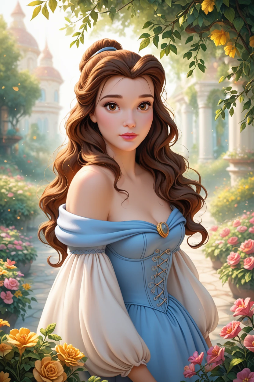 score_9, score_8_up, score_7_up,
<lora:DisneyBelle:0.8>
DisneyBelle, 1girl, brown hair, brown eyes, long hair, looking at viewer, standing in a sunlit garden, surrounded by blooming flowers, soft focus background with bokeh, gentle breeze rustling through leaves, romantic and dreamy ambiance