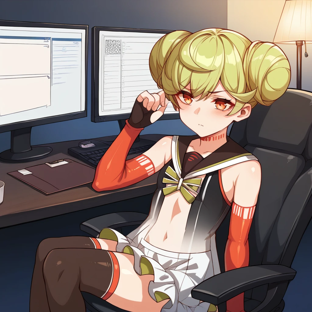 score_9_up, score_8_up, score_7_up, source_anime, 1girl, solo, Cabdg, Cab_Def, detailed background, office, sitting on office chair, night time, lamp, monitor, (holding clipboard)++, tired annoyed, hand on head, dimmed light, looking at clipboard, green hair, orange eyes, double bun, short hair, hair bun, sleeveless dress, black thighhighs, fingerless gloves, black gloves, detached sleeves, red sleeves, long sleeves, bare shoulders, sailor collar, green bow, bowtie, collarbone, see-through, frilled dress, navel, crop top, white shirt, black shirt, two-tone shirt, see-through dress, white shorts, shorts under dress, frilled skirt, see-through skirt, dynamic cowboy shot, office background,