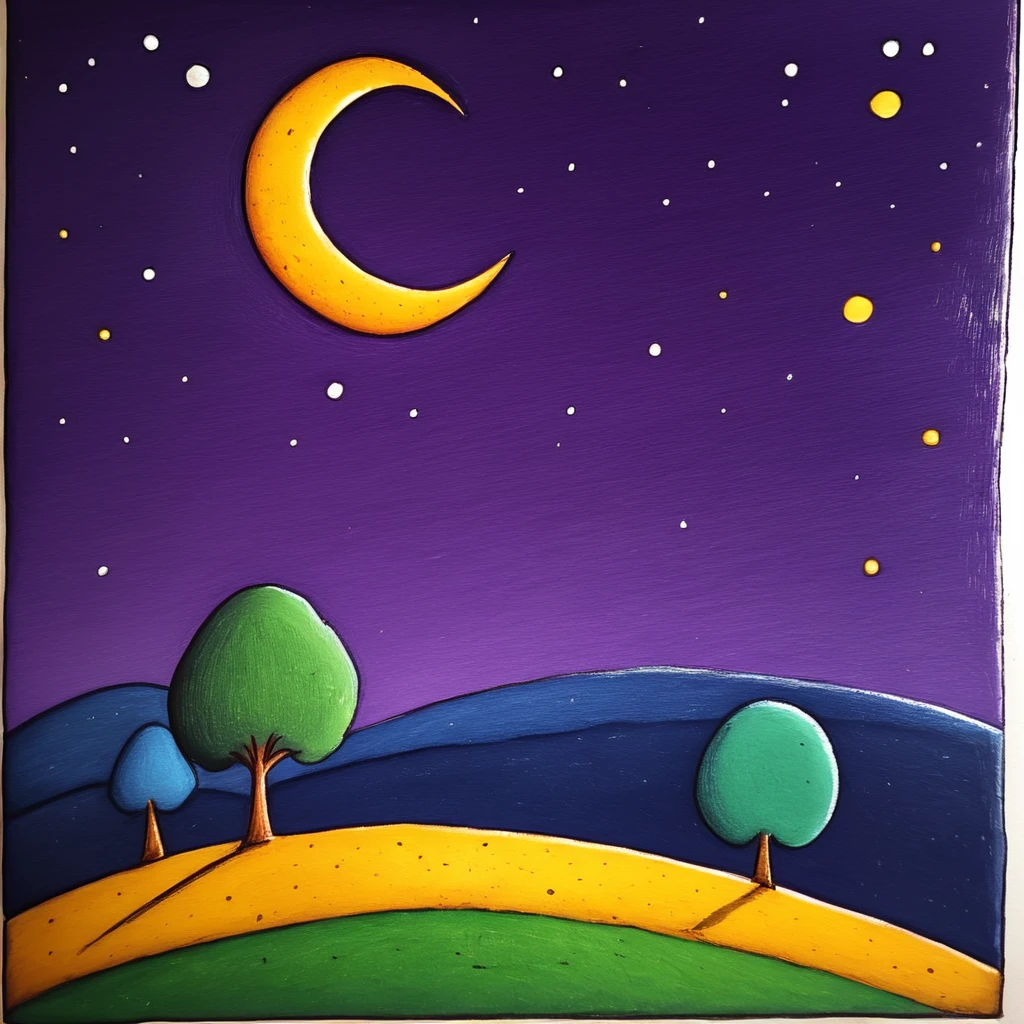 Score_9, score_8_up, score_7_up,   <lora:Naive_Storybook_NouveauPony:1> ArsMJStyle, Naive Storybook Nouveau, The image shows a painting of a tree in the middle of a field illuminated by a crescent moon and stars in the night sky. The painting is done in a variety of colors including purple green and yellow and is on a white surface., no humans, star (sky), crescent moon, sky, starry sky, traditional media, night sky, moon, night, tree