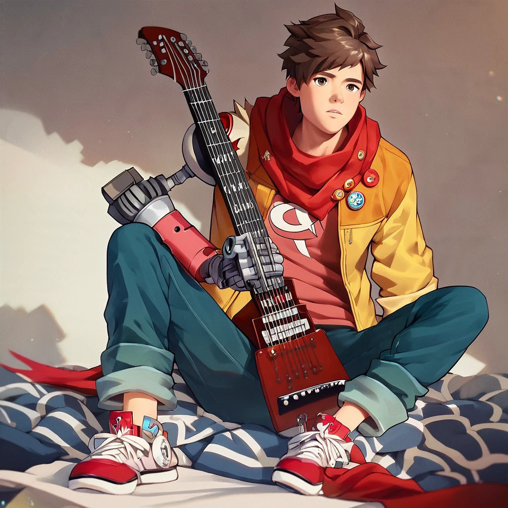 (masterpiece), score_9, score_8_up, score_7_up, score_6_up, score_5_up, score_4_up, 1boy, solo, Chai, brown hair, brown eyes, mechanical right arm, single mechanical arm, red scarf, open jacket, red shirt, pants sneakers, holding instrument, electric guitar