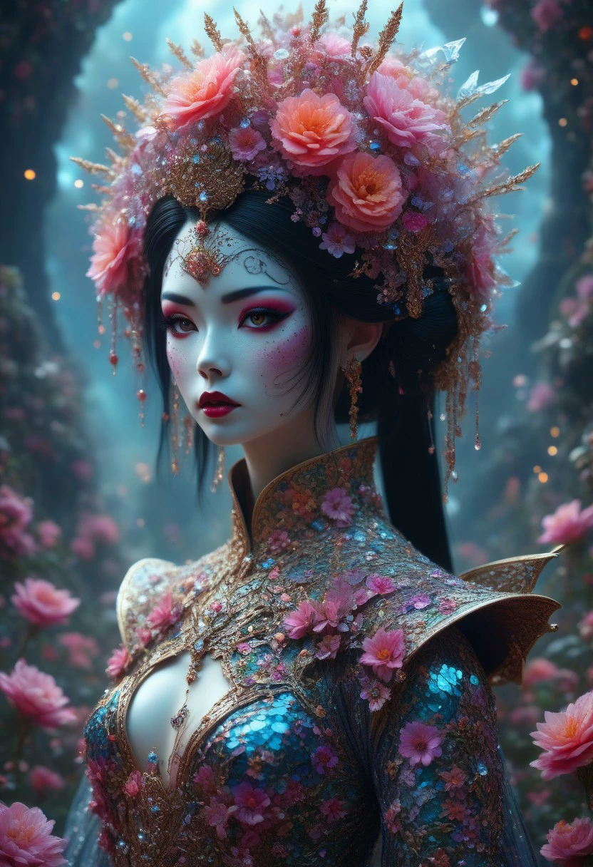 Flower and Crystal Ornaments, A professional photography of a gothic geisha with whimsical elements, surrounded by an magical and eerie fairytale landscape with sparkling crystals and colorful flowers, awesome appearence, fantastic cyberpunk art concept, intricate details, trending on artstation, masterpiece, 8k