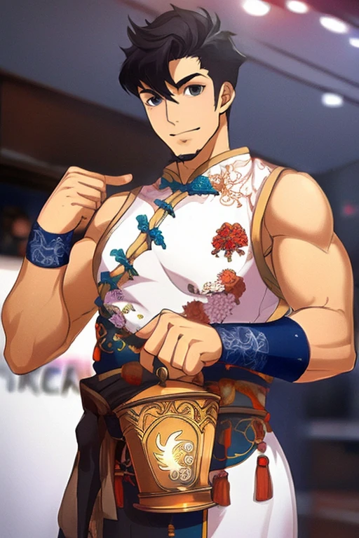 (masterpiece),(best_quality),1boy,Kongouzu,bare shoulders,china dress,bracer,jar,bara,<lora:Kongouzu:1>,