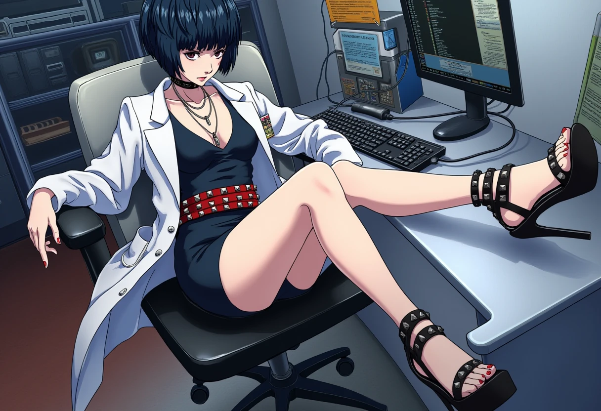 A detailed solo portrait of  takemi_tae. 
<lora:Takemi Tae v2_epoch_15:1>, 
Anime style, sharp, high contrast and highly detailed., 
A beautiful female doctor takemi_tae wearing a white lab coat over a sleek black dress. Her attire is accessorized with a choker, layered necklaces, and a red belt with silver studs, adding an edgy and rebellious flair to her look. She is also wearing high-heeled, strappy black sandals, emphasizing her bold and modern style. The character's intense gaze and professional outfit suggest a medical or scientific background, while her overall appearance exudes a strong and unique personality. she is sitting in a rotating computer chair, with long beautiful legs raised and fully extended.