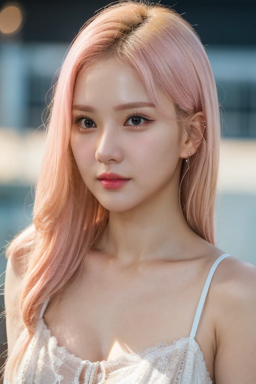 masterpiece, best quality, ultra-detailed, ultra high res, (photorealistic:1.4), raw photo, (realistic:0.2), 8k HDR, realistic lighting, 1girl, solo, (asian:0.2), asymmetrical pink blonde hair, outdoors, bokeh, (detailed lips), (detailed pores), (detailed skin textures), (detailed face:1.2), (upper body:1.3), sundress,