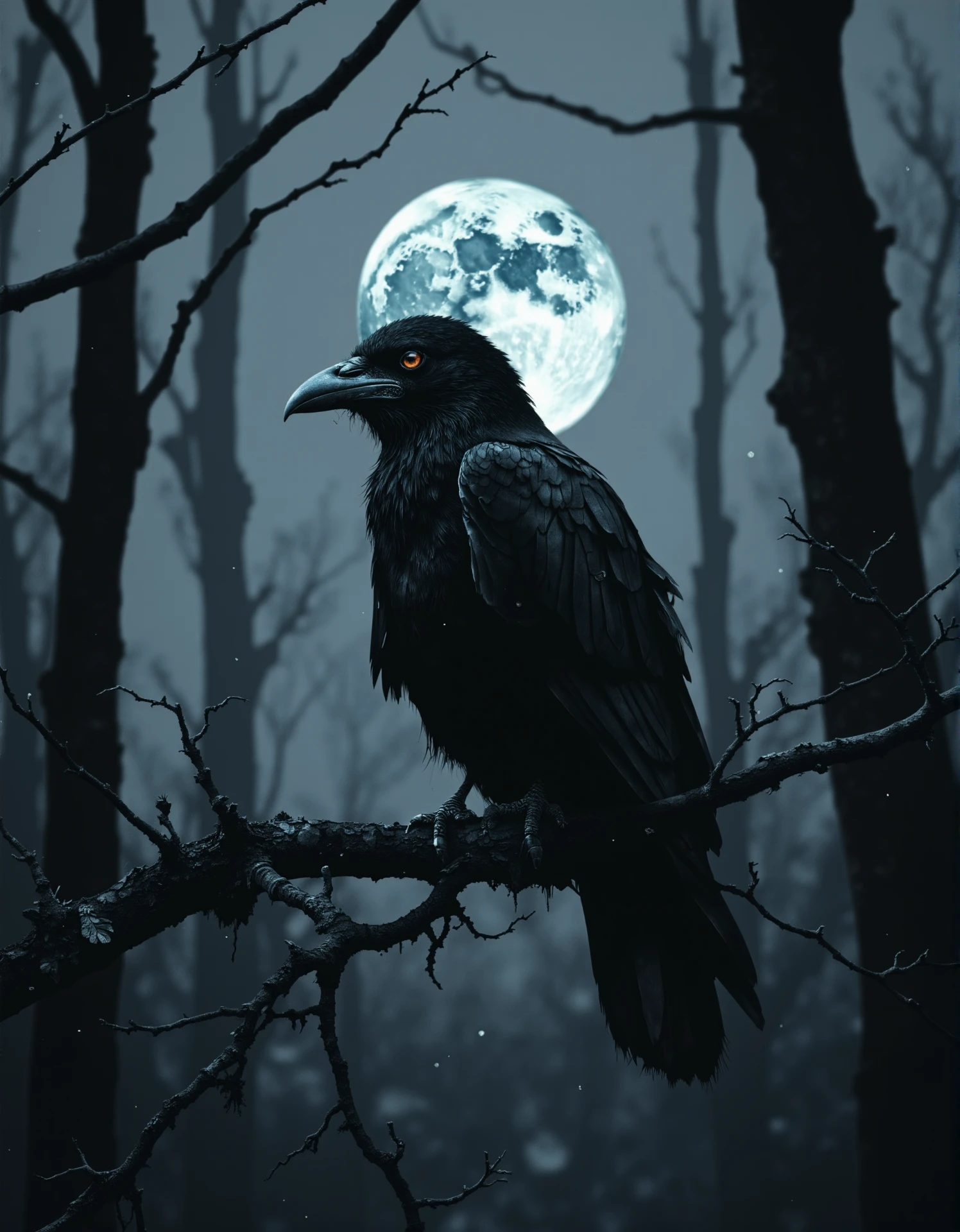 A close up of a crow in a tree, the moon high above the forest sky. <lora:Witchcore:1> w1tchc0re