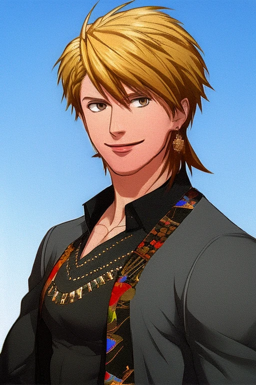 (masterpiece),(best_quality),1boy,Nikkou,blond hair,single earring,black jacket,black shirt,smile,<lora:Nikkou:1>,