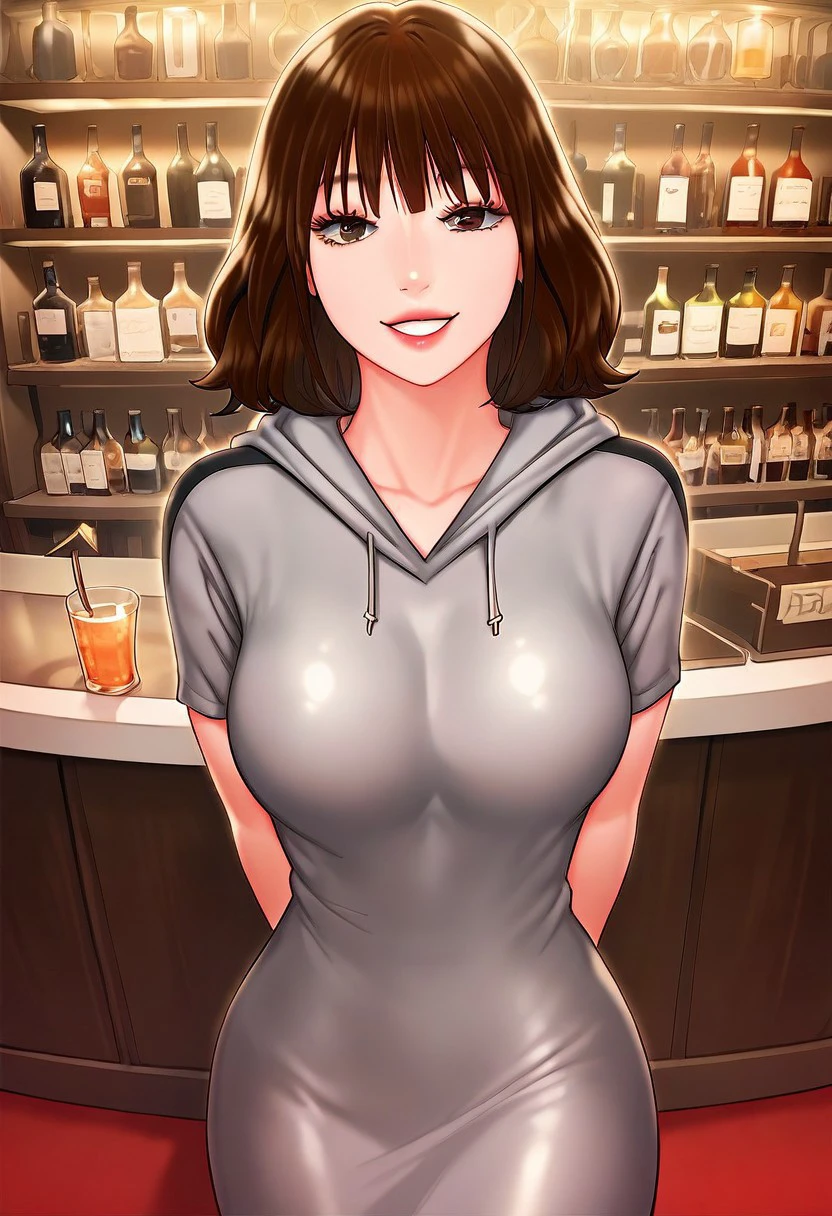 score_9, score_8_up, score_7_up, ASCII masterpiece, source_anime, BREAK, 1girl, solo, (( <lora:yu-yang:1> , yu-yang, thin waist, wide hips, beautiful skin, beautiful dark brown eyes, clear eyes, bright pupils, beautiful eyes, beautiful dark brown hair, beautiful medium bob haircut, bangs, huge and shaggy breasts, natural beauty, extraordinary beautiful woman, attractive woman, super sexy woman, lustful body, sexy woman with seductive obscene body, sensual body, voluptuous body, sexy beauty, no piercings, no piercing, )), makeup, ((sexy sheer short-sleeves gray hoodie dress, )) , indoors, shiny clothes, shiny skin, bar, nightclub, classy decorations, cowboy shot, from above, looking at viewer, hands behind back, (detailed face, detailed eyes), delicate features, soft lighting, seducative smile, cute and sexy, very detailed, high detailed texture, uncensored, rare view,