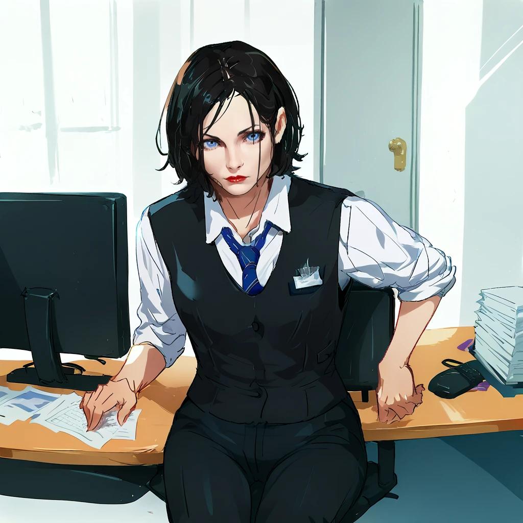 zPDXL3, score_9, score_8_up, score_7_up, score_6_up, score_5_up, score_4_up, highres, incredibly absurdres, highly detailed, cowboy shot, closed mouth, 1girl, solo, seluene, short hair, black hair, blue eyes, pale skin, red lips, black business suit, necktie, white collared shirt, black pants, office, office chair, sitting, pov, across table, table, indoors <lora:Selene:0.6> <lora:Atenaba:1> flat color