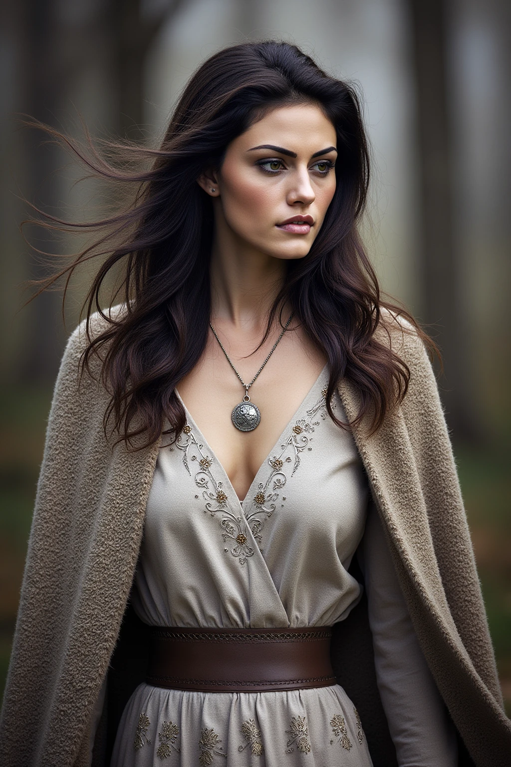 
half-length portrait of a medieval heroine, graceful and strong.

long flowing dark brown hair, loose waves, natural lips, soft earthy eyeshadow, windswept strands.

embroidered linen gown, fur-lined cloak, silver pendant, braided leather belt.

gazing into the distance, serene expression, hand gently resting on a sword hilt, standing in a misty forest at dawn.

muted tones, soft natural light, painterly texture, romanticism-inspired, ethereal, timeless, with a sense of quiet strength.