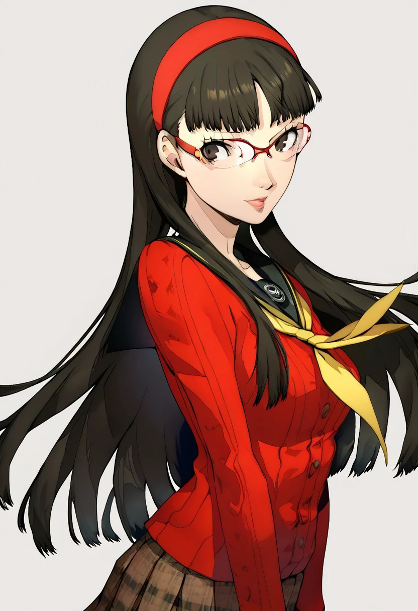 score_9, score_8_up, score_7_up,  score_6_up, score_5_up, Amagi Yukiko, 1girl, solo, long hair, skirt, black hair, bangs, red cardigan, school uniform, hairband, serafuku, yellow neckerchief, black eyes, glasses, red frame eyewear, black pantyhose, p3portrait