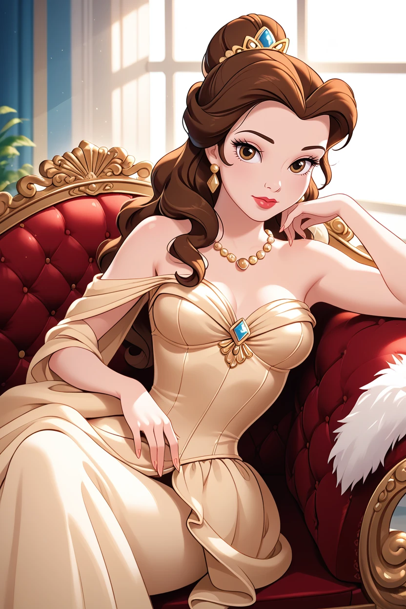 score_9, score_8_up, score_7_up,
<lora:DisneyBelle:0.8>
DisneyBelle, 1girl, brown hair, brown eyes, long hair, looking at viewer, reclining on a vintage chaise lounge, one arm draped over the back, elegant ballroom with crystal chandeliers, soft ambient lighting, luxurious and sophisticated setting