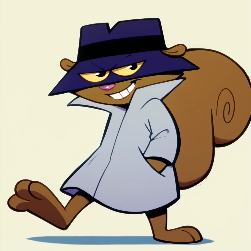 score_9,score_8_up,score_7_up, score_6_up,ssssq, squirrel, spy hat, trench coat, 1boy, grin, hand in pocket, brown fur, pink oval nose, eyes visible through hat, short legs, slim body, ((3 toes))

Dynamic background, flashy background