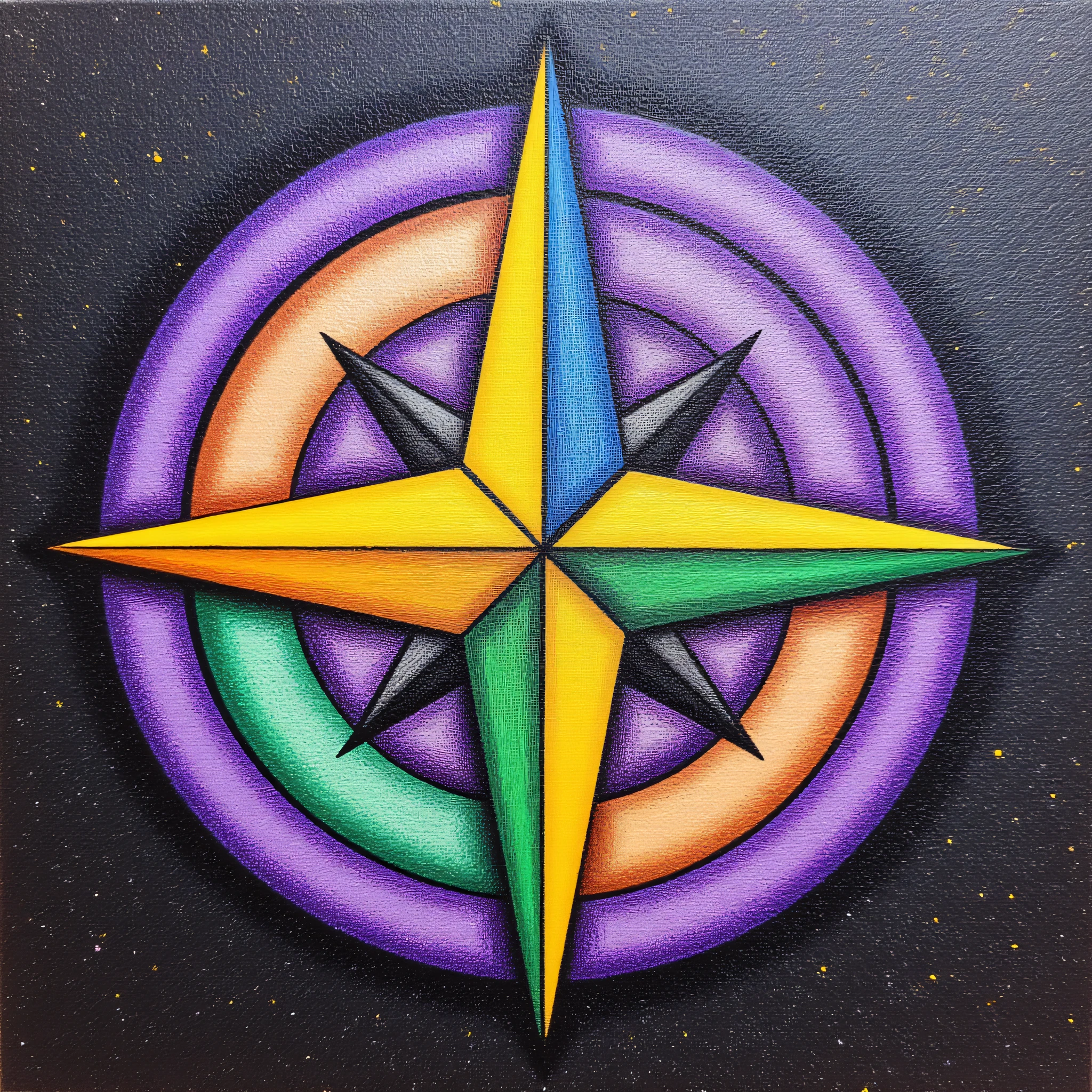 ArsMJStyle, Naive Storybook Nouveau, The image shows a painting of a compass on a black background with a vibrant array of colors including purple green yellow and blue. The compass is the focal point of the painting with its four points pointing in a circular pattern., no humans, traditional media, solo, pokemon (creature), star (sky), space