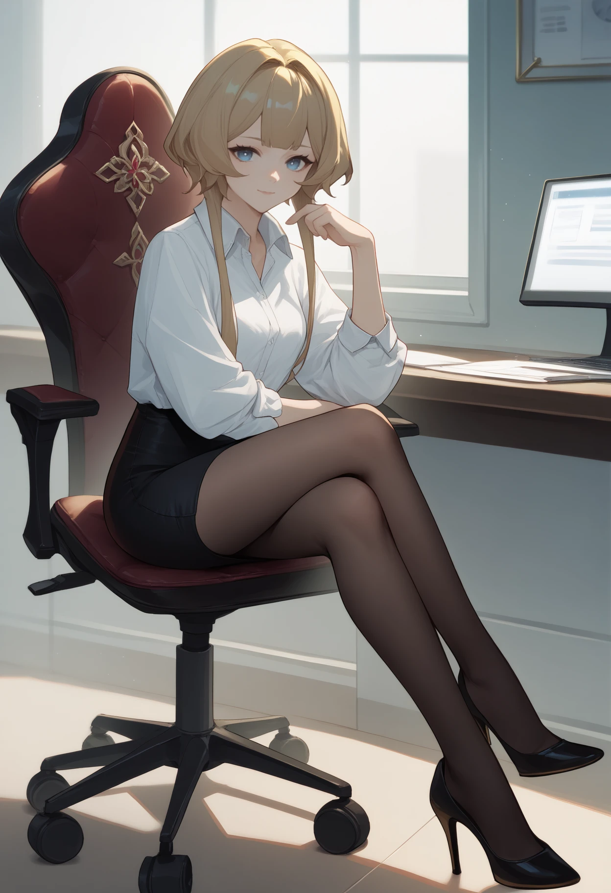 score_9, score_8_up, score_7_up, source_anime, <break> solo, 1girl, sandrone, light smile, closed mouth, looking at you, sitting, swivel chair, crossed legs, blonde hair, short hair with long locks, blue eyes, white shirt, collared shirt, black skirt, pencil skirt, black footwear, high heels, black pantyhose, indoors, office
<segment:yolo-face_yolov8m.pt,0.4,0.5//cid=1>