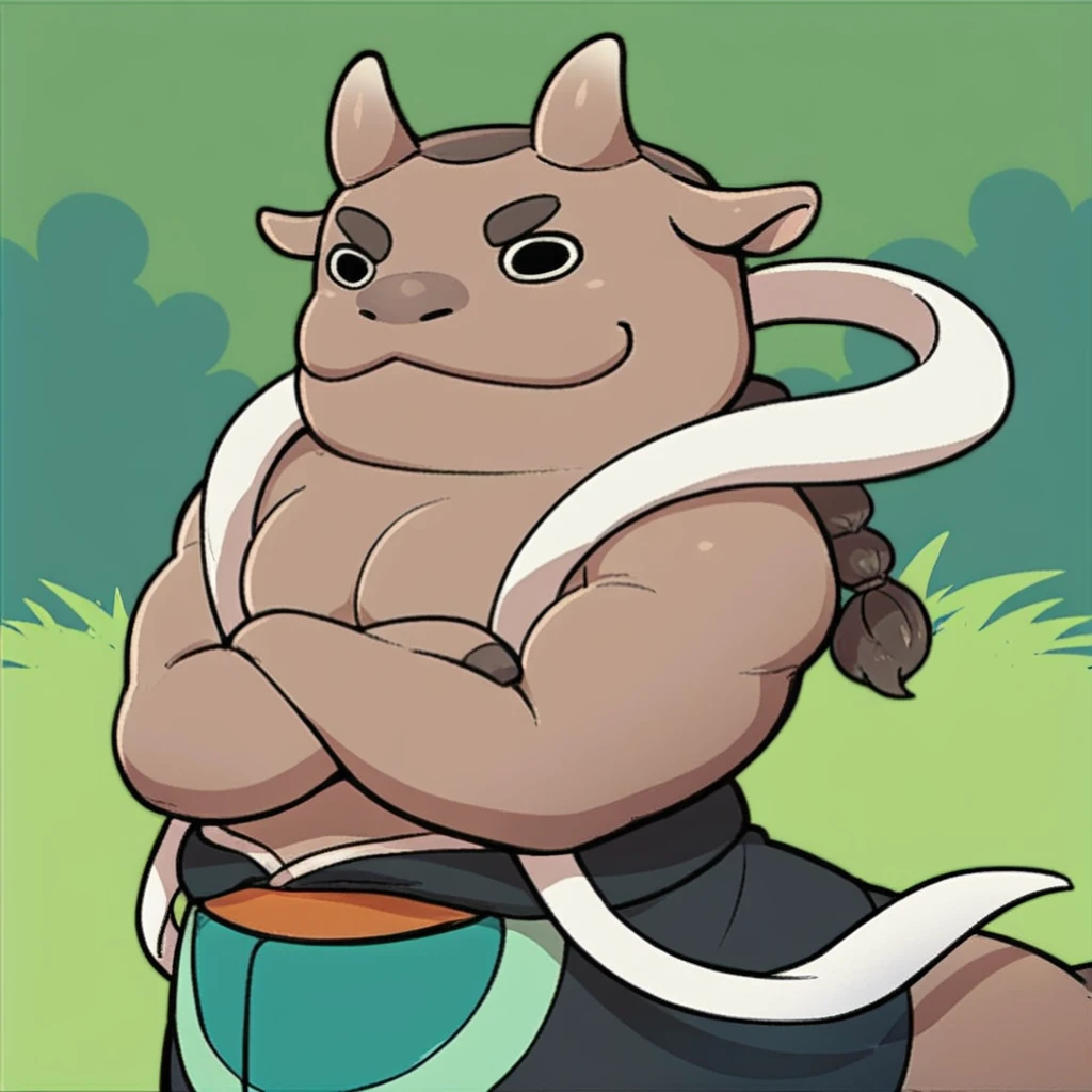 score_9, score_8_up, score_8, furry, Smashibull, bull, horns, brown hair, ponytail, cartoon style, 2d, muscular male, taur, white scarf, waist apron, solo, arms crossed, smile, outside, on grass