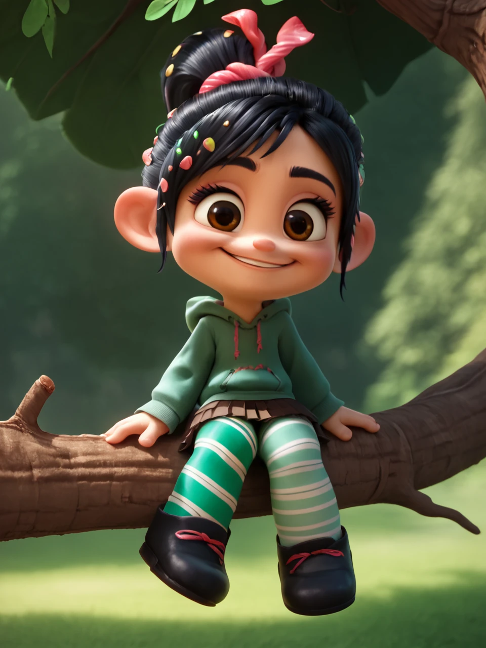 score_9, score_8_up, score_7_up, score_6_up, BREAK, VanellopevonS, 1girl, solo, smile, black hair, hair ornament, hair scrunchie, green hoodie, hood down, brown skirt, striped thighhighs, black footwear, big tree, tree branch, sitting on a tree branch, canopy, leaves <lora:DetailedPerfect_hands_r1:0.5> <lora:Vanellope3:1>