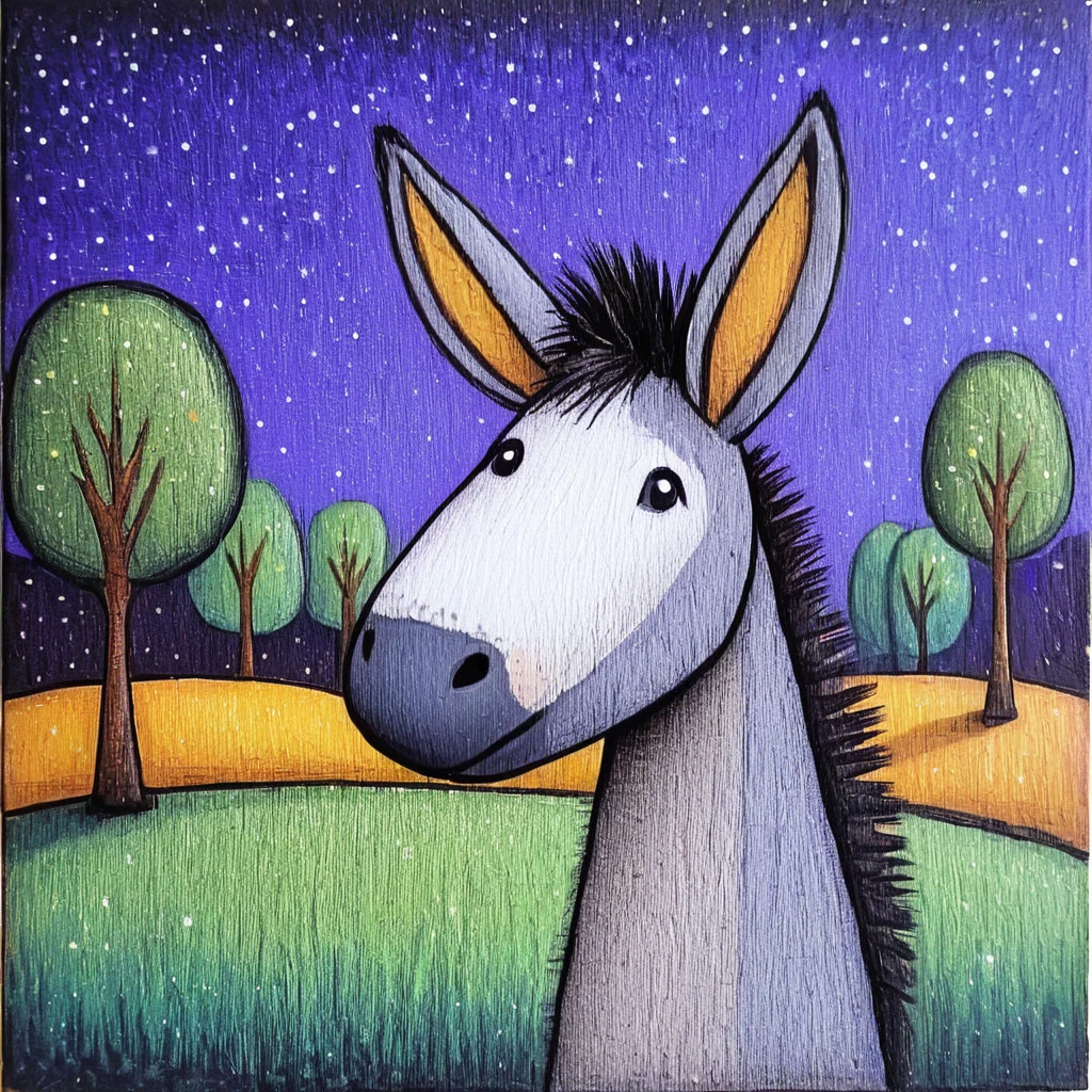 <lora:Naive_Storybook_NouveauSDXL:1> ArsMJStyle, Naive Storybook Nouveau, The image shows a painting of a donkey standing in a field with trees in the background and a starry night sky above., no humans, traditional media, star (sky), sky, starry sky, outdoors, night sky, night, solo, black eyes