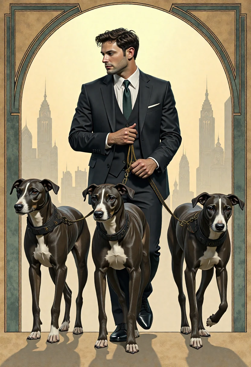 Cooper Koch, C00perK0ch, in an Art Deco illustration, strains to hold on to 4 grayhounds on leashes in front of him. The city scape fades around him in an artisticly unpainted edge.