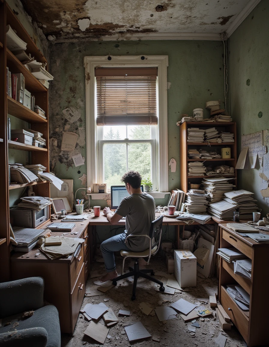 A cluttered home office with papers piled high, a person typing furiously at a computer, coffee mug by their side., <lora:urban_decay_v20_rank64_bf16-step02016:1>, urban_decay_rooms