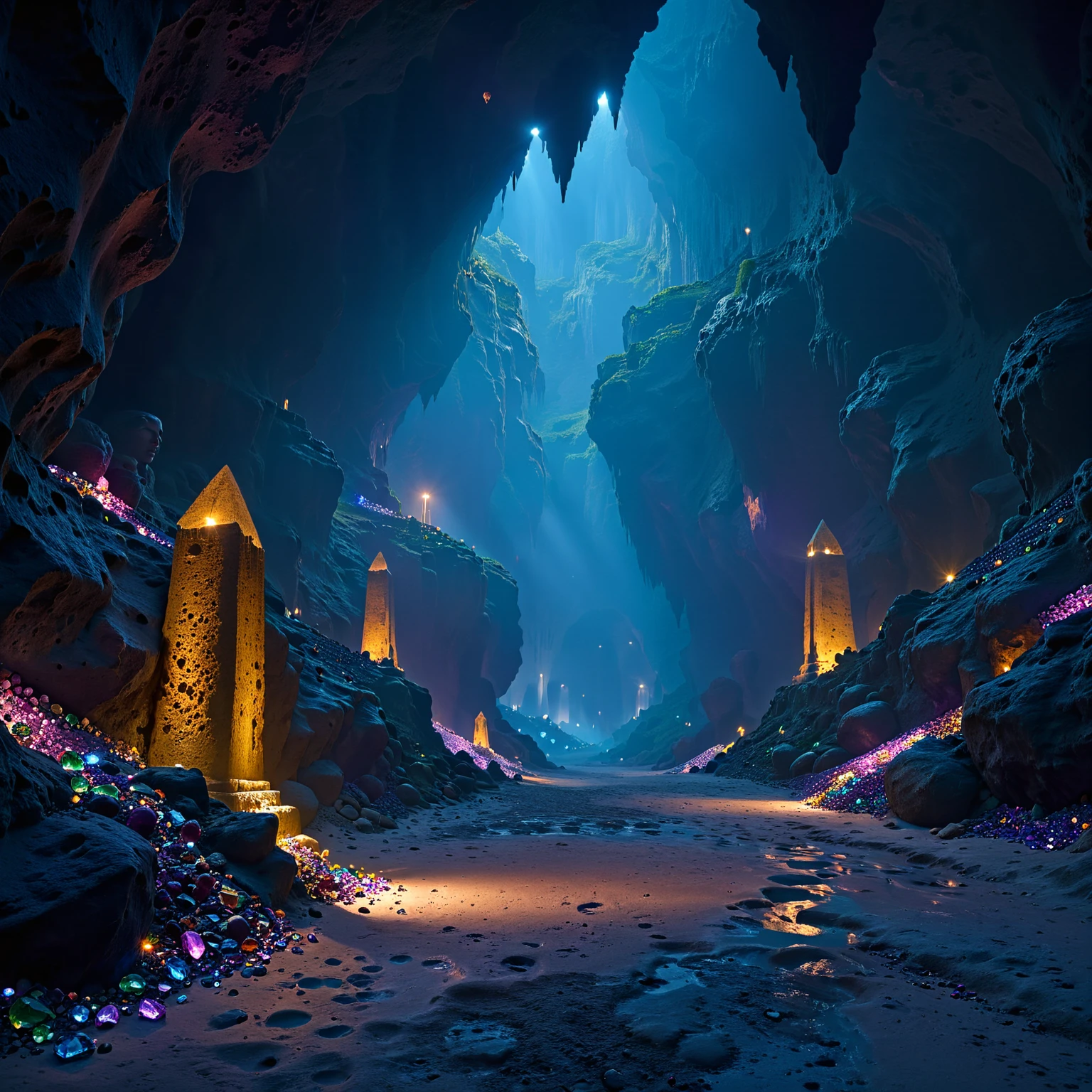 scenery, landscape, gems, cave, underground, dark, dim light, best quality, masterpiece, 4k, uncensored, prefect lighting, rating_explicit, very aesthetic, detailed, <lora:add_details_xl:0.6>, very detailed, <lora:SDXLHighDetail_v5:0.6>, <lora:elesdxl:1>, elementalplaneearth