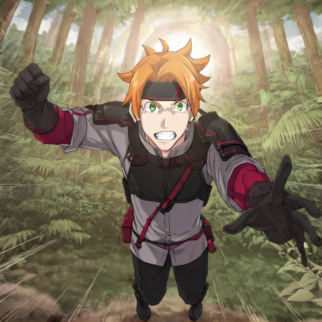 <lora:ToddFang:1>, todd, young man, short spiky orange hair, green eyes, sharp canine teeth, wears a headband, red undershirt with long sleeves, grey overshirt with short sleeves, black pants, black boots, black gloves, chest protector, shoulder pads, with small red stripes, headband with red and black color pallet, and a small red and black battle axe, solo, jungle, daytime, full body, angry, fighting